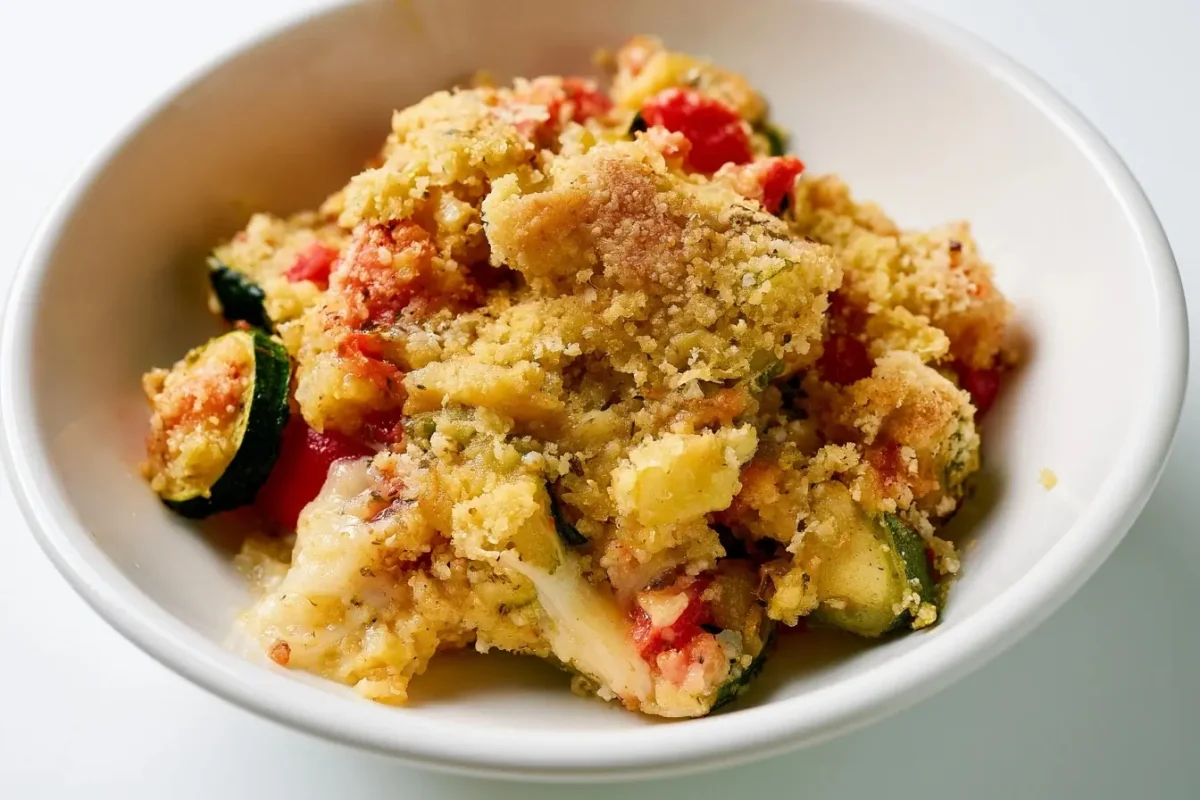 Cómo preparar crumble de verduras mediterráneas con mozzarella fácil